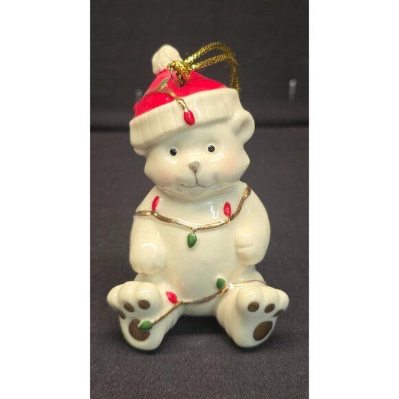Lenox Very Merry Porcelain Teddy Bear w Santa Hat and Christmas Lights Ornament - Picture 1 of 7